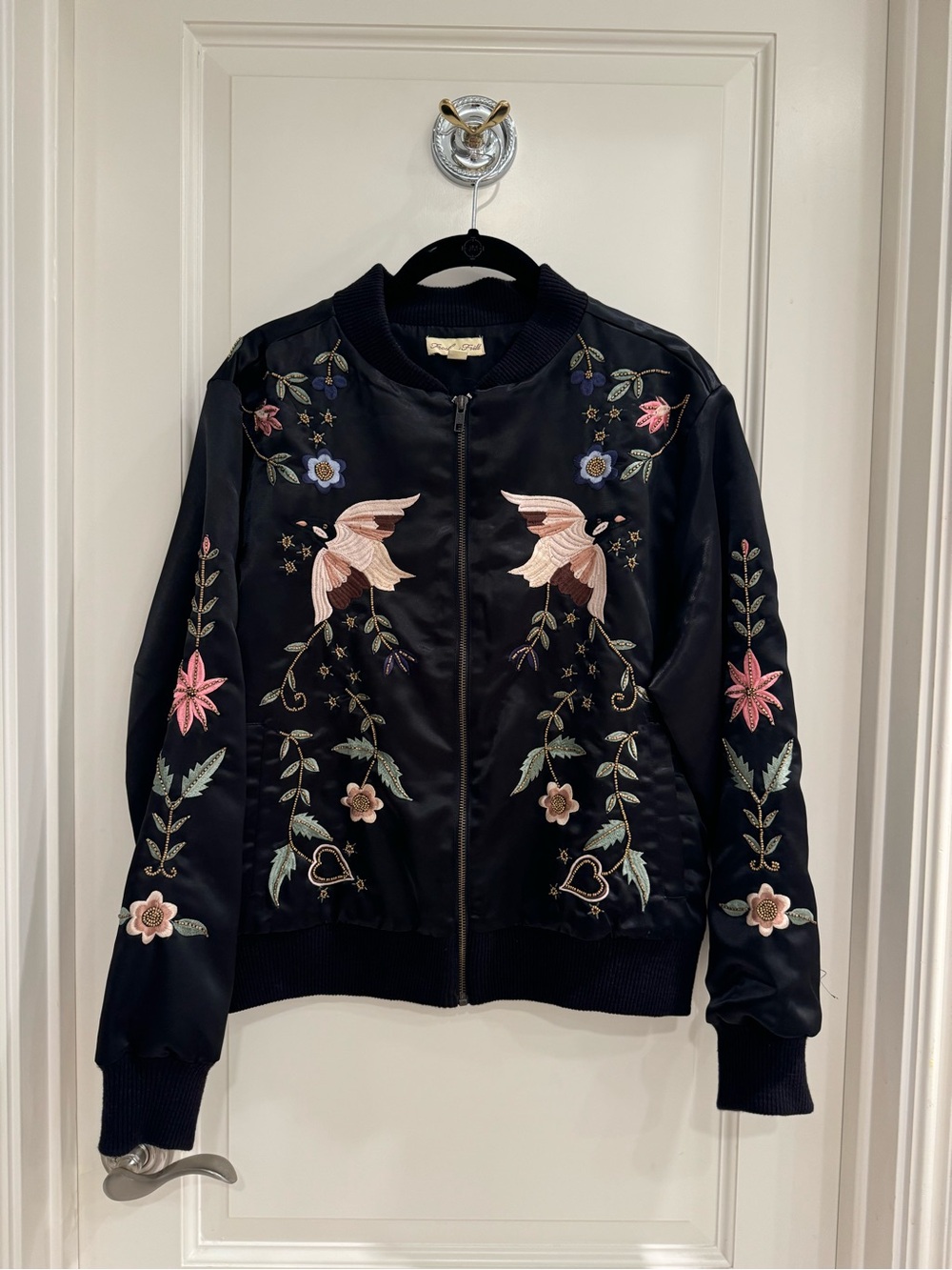Frock and Frill Embroidered Black Bomber Jacket with Floral & Bird Motif